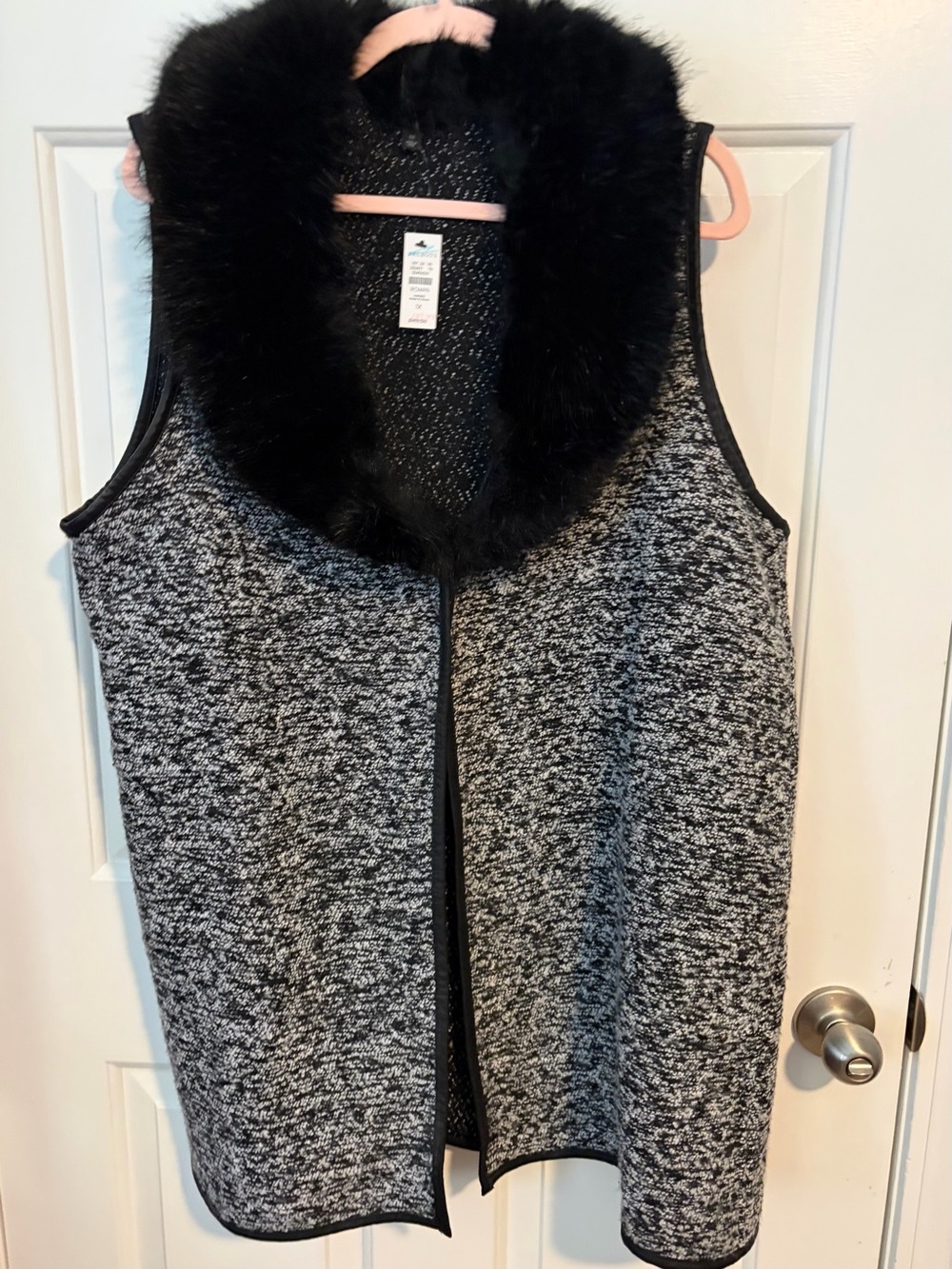 Talbots Black and Gray Faux Fur-Trim Knit Vest